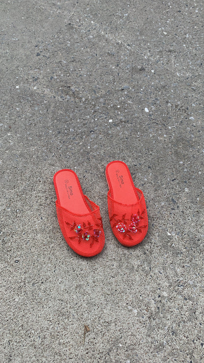 Mesh Flower Beaded Slides in Rouge