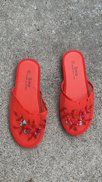 Mesh Flower Beaded Slides in Rouge