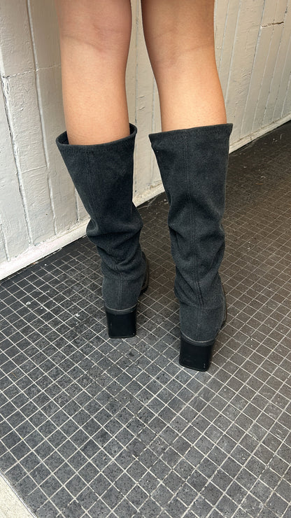 Grey Felt Wool Square-Toe Boots