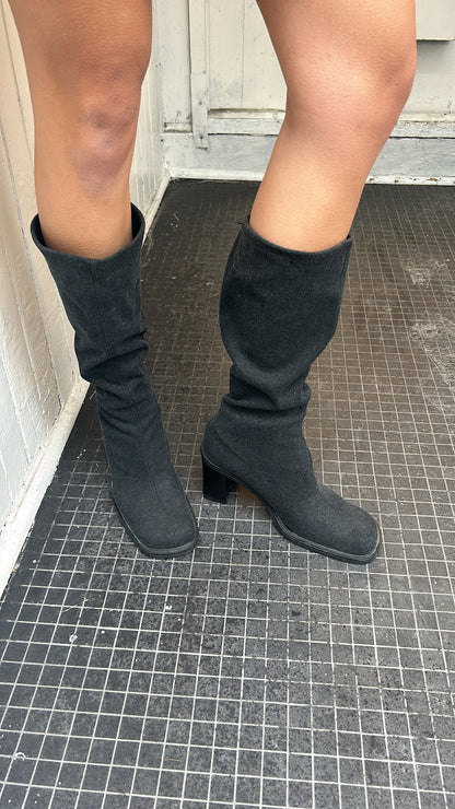 Grey Felt Wool Square-Toe Boots