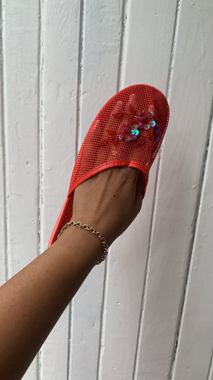 Mesh Flower Beaded Slides in Rouge