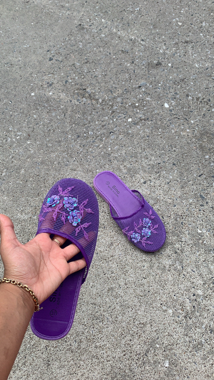 Mesh Flower Beaded Slides in Purple