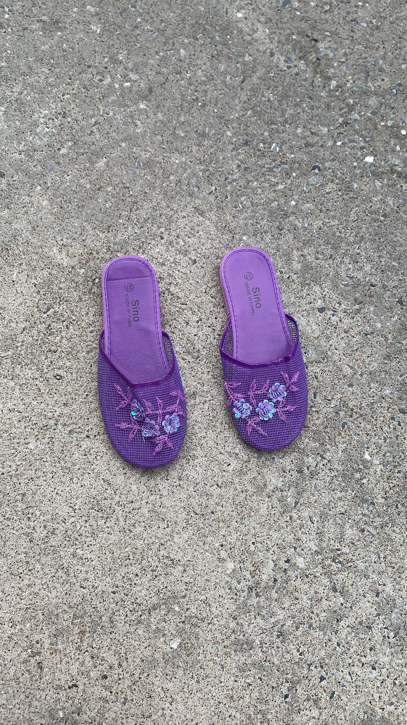 Mesh Flower Beaded Slides in Purple