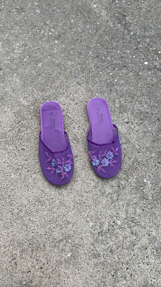 Mesh Flower Beaded Slides in Purple