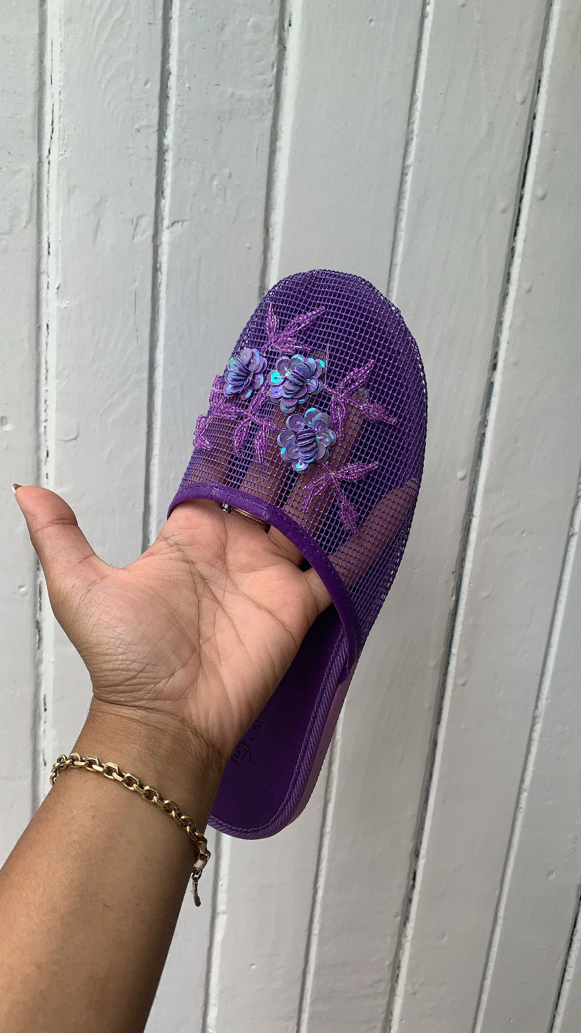 Mesh Flower Beaded Slides in Purple