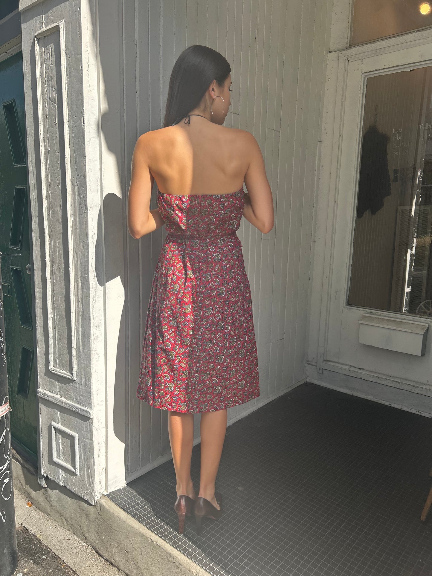 Strapless Red Paisley Midi Dress