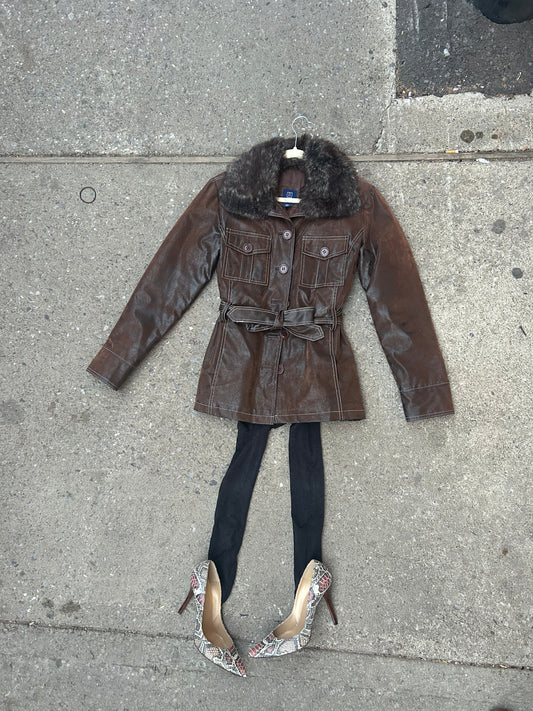 Distressed Choco Jacket w/ Faux Fur Collar