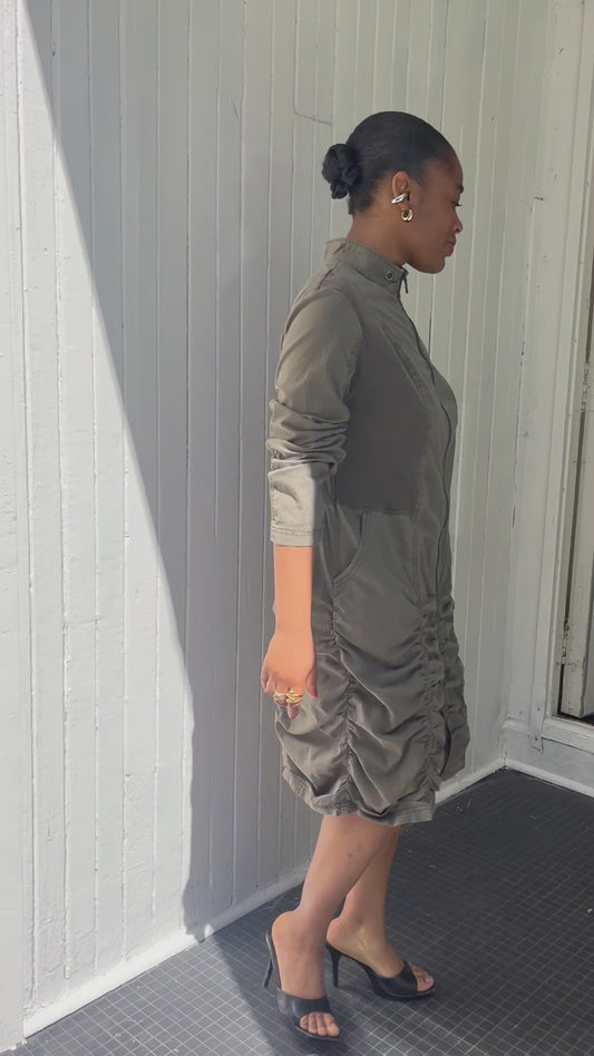 Khaki Ruched Zip-up Dress